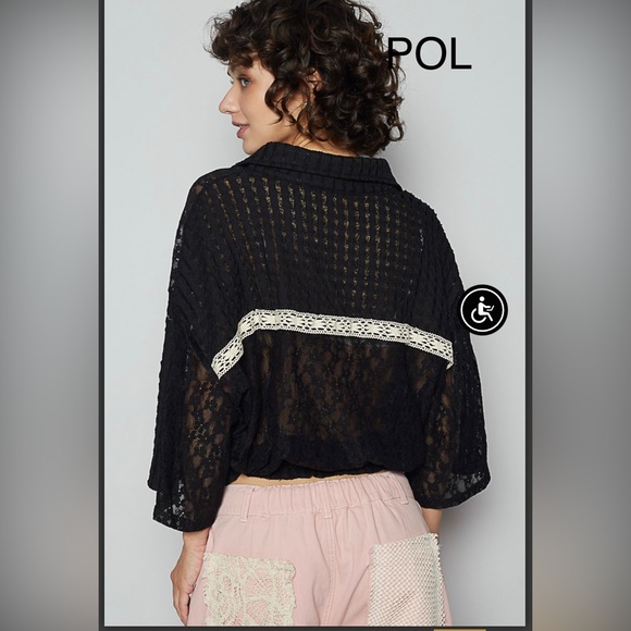 BP32-1🖤🤍NEW! POL perfection in Black Lace Button-Up Top with Cream Accents! Wow! - Picture 3 of 7